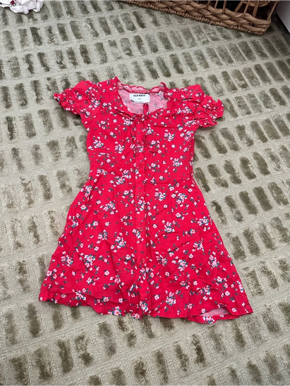 Old Navy Button Front Fit & Flare Dress Girls XS 5 Red Floral Puff Sleeve